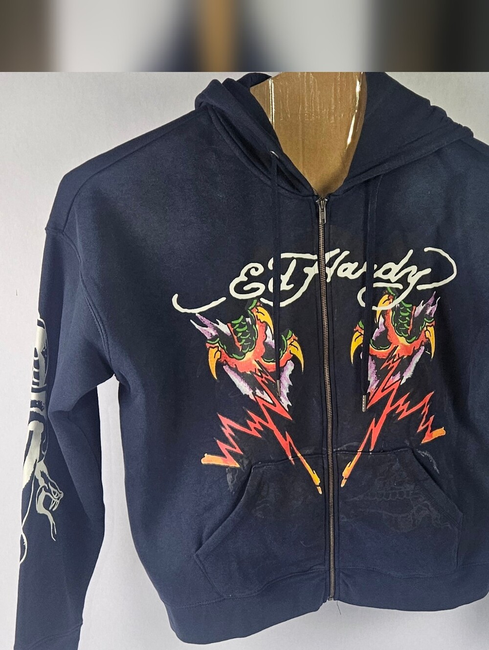 Men's Ed Hardy Large Sunfade Navy Hoodie with Multicolor Tiger-Flame Graphic